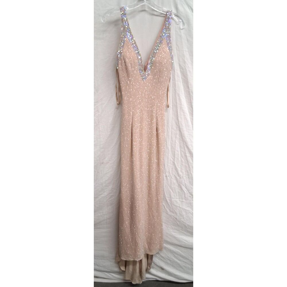 Jovani Peach Fully Beaded V-Neck Evening Gown Size 2 Like New